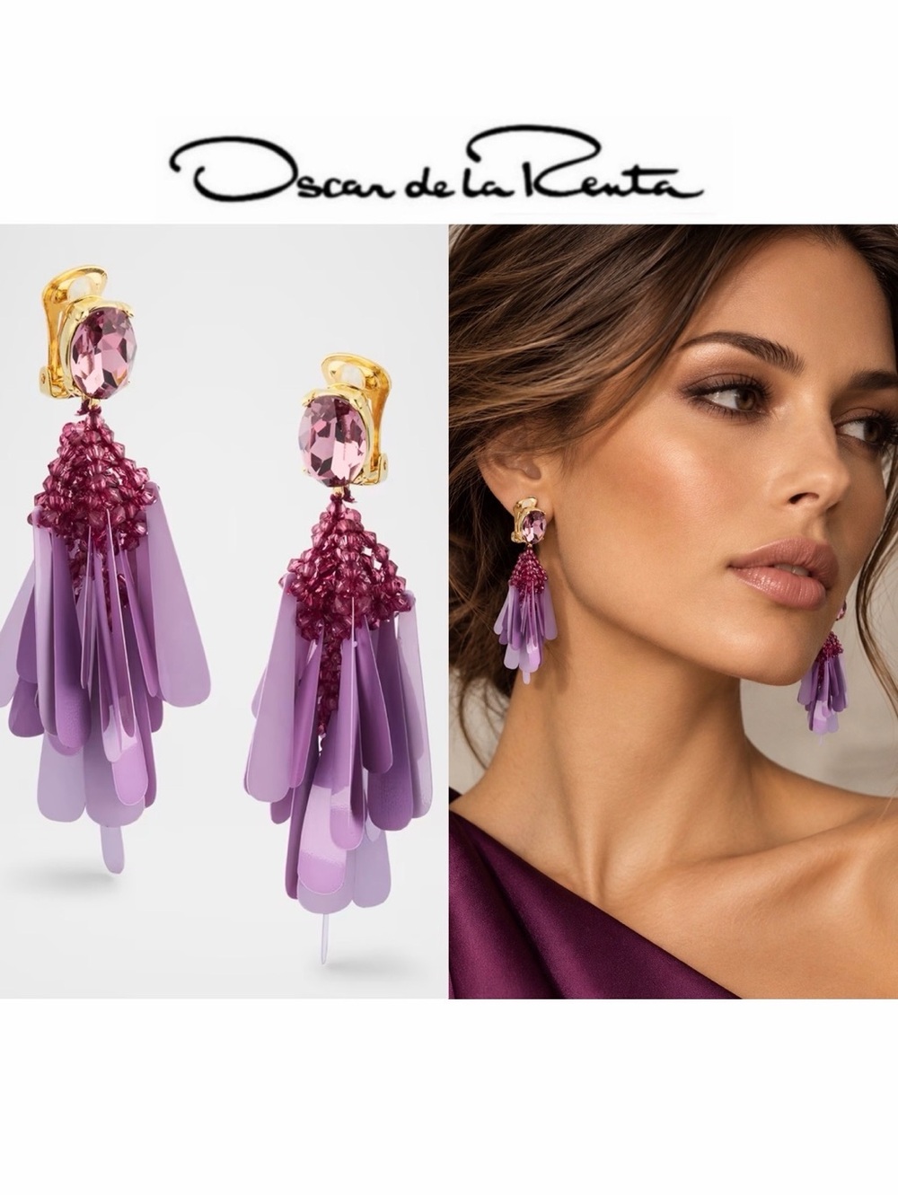 Oscar de la Renta Long Sequined Clip-On Earrings Lilac Gold Tassel Drop NWT $360
